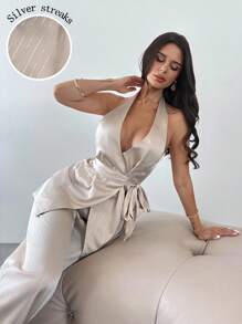 Firerie Ensemble femme pantalon large et Top dos nu à rayures pailletées. Tenue d'automne, retour à l'école, cérémonie, style décontracté chic, style old money, tenue de bureau, sortie, concert country, coquette, tenue de bureau, hors épaules, carreaux, .