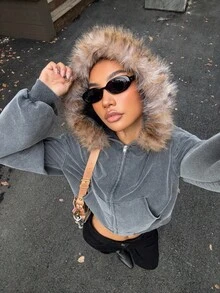 Muchica 女式万圣节服装哥特式水洗做旧休闲复古仿皮草领连帽夹克朋克斗篷外套复古风格女式 Y2K 服装秋冬女式 Y2K 服装 - 黑色 - 查看 5