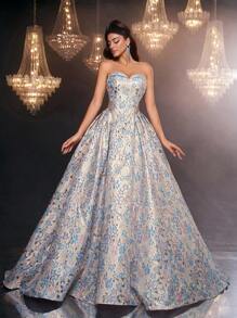 Glamrae 优雅奢华露肩浅金色和蓝色提花花卉舞会礼服，适合返校派对、单身派对、婚礼、派对、度假、宴会 - 彩色 - 查看 3