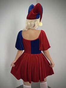 Sunspun 加大码女式天鹅绒方领泡泡袖拼色短袖小丑万圣节优雅休闲角色扮演 A 字裙 - 彩色 - 查看 3