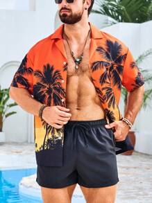 Manfinity Swimmode 男士热带印花衬衫和短裤沙滩装 - 亮橙色 - 查看 7