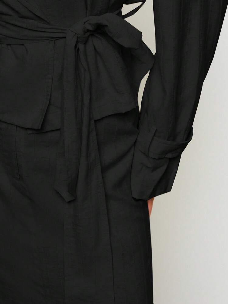 Long Sleeve Belted Wrap Blazer With Lapel Collar