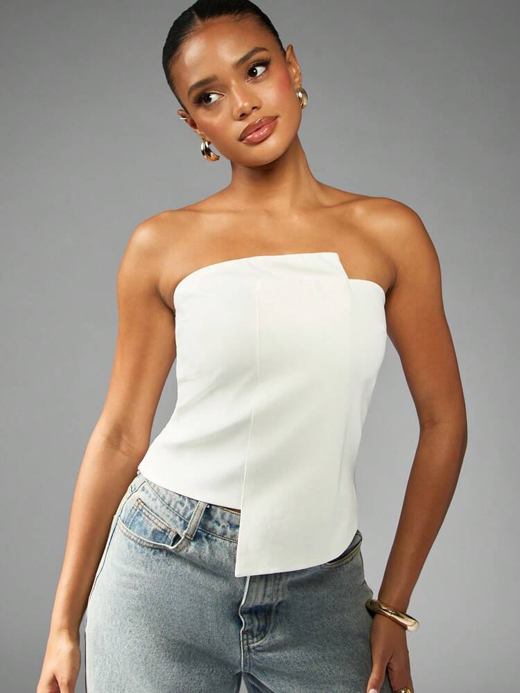 MISSGUIDED Asymmetric Hem Bandeau Corset Top Strapless Design Summer Club Party Evening Wedding Guest Structured Fitted Fashion Statement Piece
