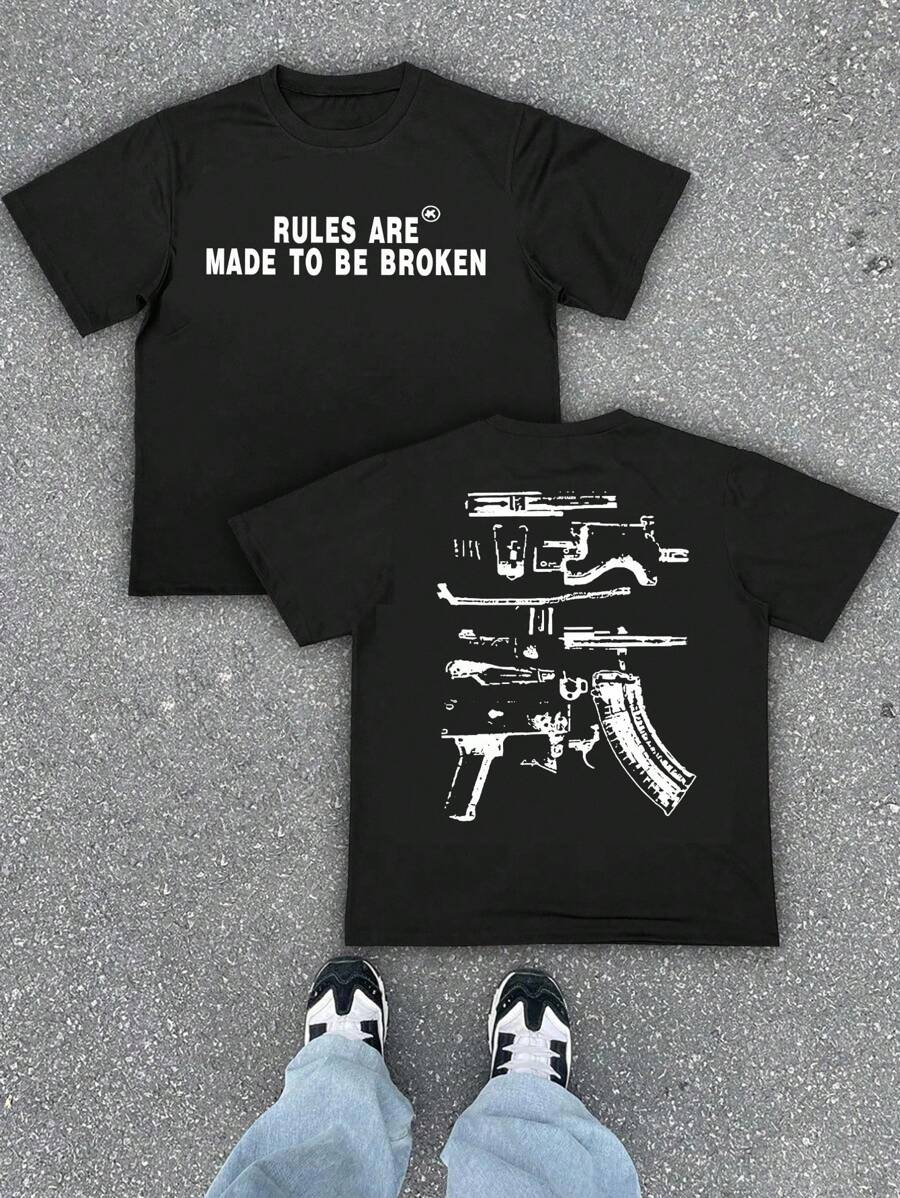 Kaos Pria Manfinity Dauomo Kasual Ukuran Besar dengan Kerah Bulat dan Grafis Seni Jalanan Rock - Hitam - View 1