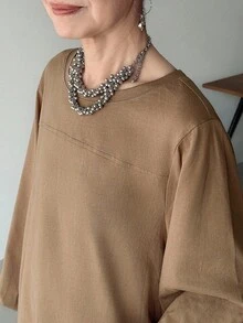 FRIFUL 女式纯色卡其色圆领长袖拼布侧开衩下摆宽松休闲百搭 T 恤，秋季穿着 - 咖啡棕 - 查看 5