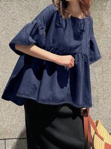 FRIFUL 女式牛仔荷叶边领蝙蝠袖不对称下摆宽松休闲百搭衬衫，适合度假和休闲 - 藍色 - 查看 2