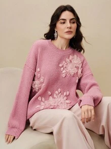 Anewsta Pink Floral,Autumn,Elegant,Date New Thick Pullover Sweater,Floral 3D Embroidery Knitted Sweater,Loose Fit Long Sleeve Casual Slouchy Knit Top,Chic - Pink - View 3