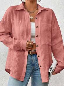 SHEIN VCAY Áo sơ mi tay dài trễ vai màu trơn cỡ lớn dành cho nữ, đơn hàng khuy, túi thường ngày - Bụi hồng - Xem 4