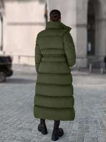 EURMUSE Zip Up Drawstring Waist Long Padded Coat - Hijau Tentara - View 2