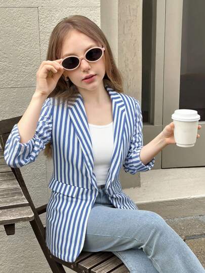 SHEIN Chaqueta blazer de lino con cuello de chal, rayas azules y blancas, manga tres cuartos fruncida, estilo elegante y casual para niñas preadolescentes, adecuada para uso diario en otoño/primavera
