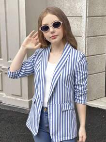 SHEIN 青少年女孩藍白條紋優雅休閒披肩領抽褶七分袖冬季外套，適合學校、返校季、秋冬春季穿著 - 白色 - 查看 9