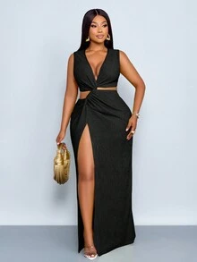 SOLERSUN Váy dài gợi cảm dáng rộng, họa tiết vải trơn màu trơn, eo khoét sâu, xẻ tà cao, mùa xuân hè cho nữ, kỳ nghỉ ở bãi biển - màu đen - Xem 4