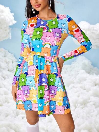 SHEIN X Care Bears Cute Allover Print Long Sleeve Short Dress
