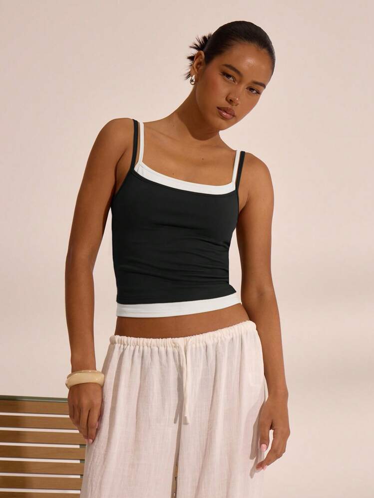 MUSERA Double Layer Strappy Square Neck Cami Top Spring Summer