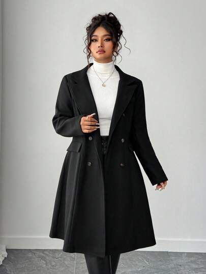 Elenzga 大码女式双排扣纯色大衣