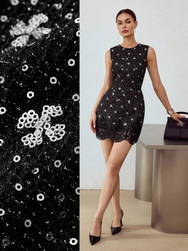 SEQUINS GUIPURE LACE HEM BODYCON SHORT DRESS