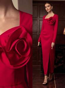 ZEYLAH 优雅长款花卉印花腰带长袖连衣裙，秋冬 - 紅色 - 查看 1