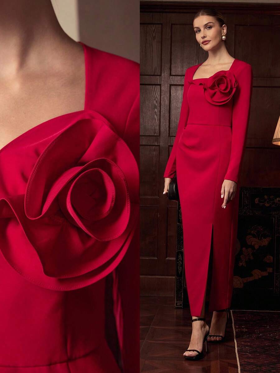 ZEYLAH 优雅长款花卉印花腰带长袖连衣裙，秋冬 - 紅色 - 查看 1