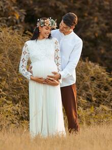 SHEIN Autumn And Winter BOHO Pregnant Women's Contrast Lace Long Sleeve Elegant Dress - White - View 6