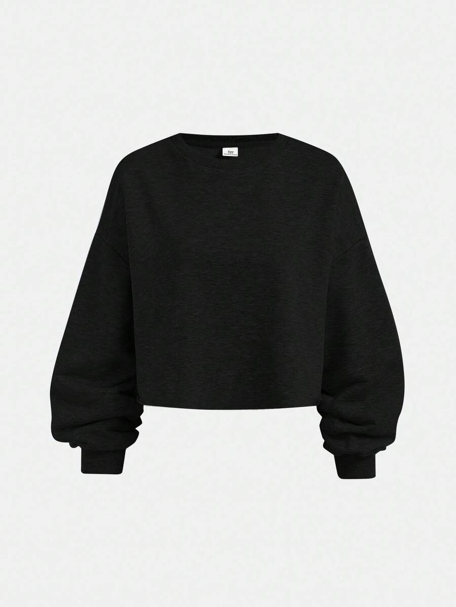 SHEIN Girlism 少女短款长袖黑色圆领卫衣，休闲简约风短款上衣，少女卫衣，宽松卫衣，短款卫衣，长袖卫衣，秋冬短款卫衣 - 黑色 - 查看 1