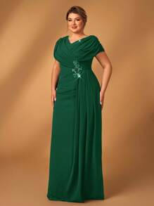 Serin 加大码优雅奢华刺绣垂坠贴花收腰A字型长款新娘妈妈礼服