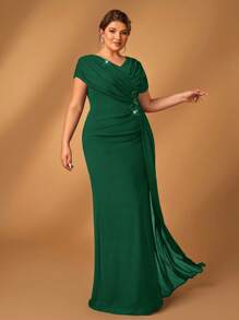 Serin 加大码优雅奢华刺绣垂坠贴花收腰A字型长款新娘妈妈礼服