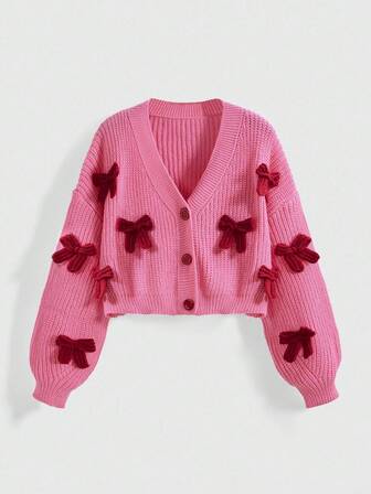 Kawaii Cardigan rosa da donna con decorazione fiocco 3D, carino e femminile