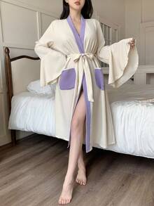 Elegant Ruffled Contrast Color French Style Loungewear Robe, Soft & Comfortable For Women, Fall - Beige - View 3