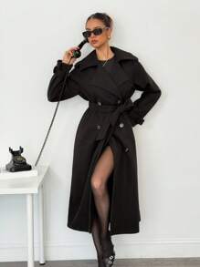 SHEIN Tall Women's Solid Color Lapel NeckDouble-Breasted Long Overcoat Long Black Coat In Fall/Winter - Black - View 7
