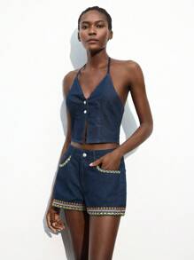 Maija Quần short denim nữ, quần short ôm vừa vặn, thêu họa tiết, màu xanh lam - Rửa trung bình - Xem 6