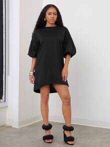 Vixey 净色针织泡泡袖后背拉链衬衫裙 - 黑色 - 查看 3