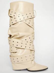 Solezae Giày bốt cao đến đầu gối thời trang gợi cảm dành cho nữ có khóa kim loại - Màu be - Xem 6