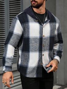 Manfinity Homme 男士休闲格子连帽外套 - 藍白色 - 查看 5