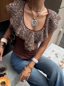 SHEIN EZwear Women's Summer Fashion Sequin Ruffles Patchwork Ruched Slim Fit Tank Top ,Y2k Clothes Women, Western Women Wear, Bohemian Clothes For Women ,Clubs Women , Country Concert