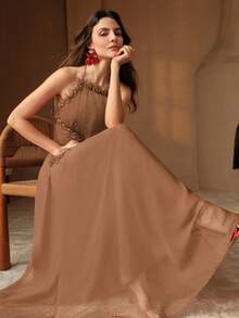 Anewsta Elegant Red Spaghetti Strap Ruched Waist Dress With Ruffled Hem, High-End Mini Cocktail Dress - Khaki - View 7