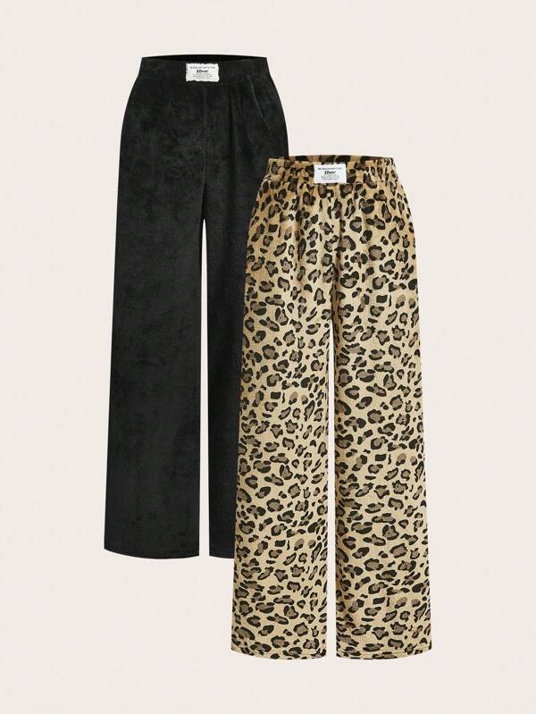SHEIN EZwear Set de 2 pantalones de piel sintética de unicolor y estampado de leopardo, para otoño/invierno