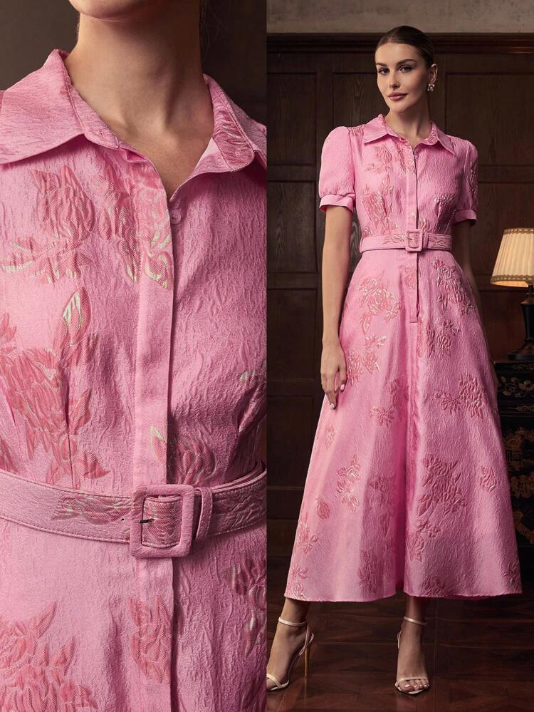 ZEYLAH Vestido camisero largo y elegante con mangas abullonadas y estampado floral jacquard para mujer