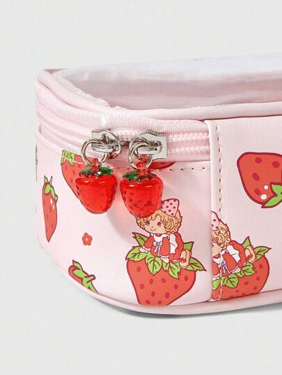 Kawaii Trousse de toilette transparente rose mignonne avec imprimé floral fraise pour femmes