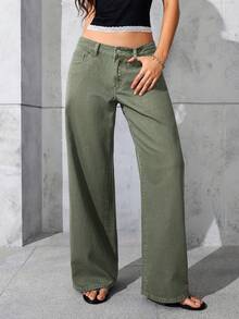 SHEIN ICON 休闲水洗低腰直筒牛仔裤 - 軍綠色 - 查看 4