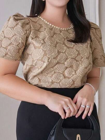 Dazy Plus 大码女式花卉印花泡泡袖优雅春秋T恤，适合派对