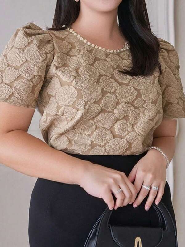 Dazy Plus Plus Size Women Floral Print Puff Sleeve Elegant Spring/Autumn T-Shirt, Suitable For Party