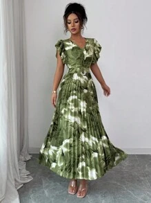 Modelyn 女式扎染花卉印花荷叶边下摆长裙女装 - 橄欖綠 - 查看 3