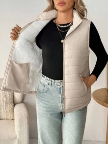 SHEIN LUNE 女士休闲纯色保暖无袖羽绒服，基础款秋冬羽绒背心，适合叠穿，冬季百搭，适合外出穿着，秋季新款，时尚百搭，适合冬季外出穿着。 - 米色 - 查看 10