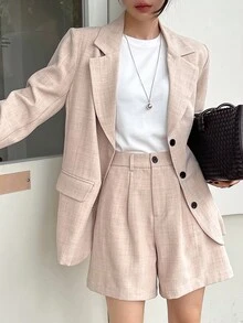 DAZY 女士翻领长袖单排扣西装外套和短裤休闲套装商务装 - 卡其色 - 查看 3