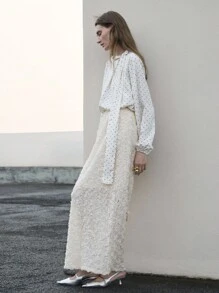 Uhlyne Chân váy suông xẻ tà họa tiết hoa 3D màu mơ thanh lịch dành cho nữ - Màu be - Xem 7