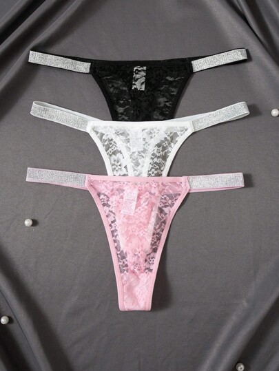 SHEIN Set de 3 bragas transparentes con tirantes de encaje sexy para mujer