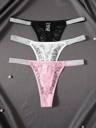 SHEIN Set de 3 bragas transparentes con tirantes de encaje sexy para mujer