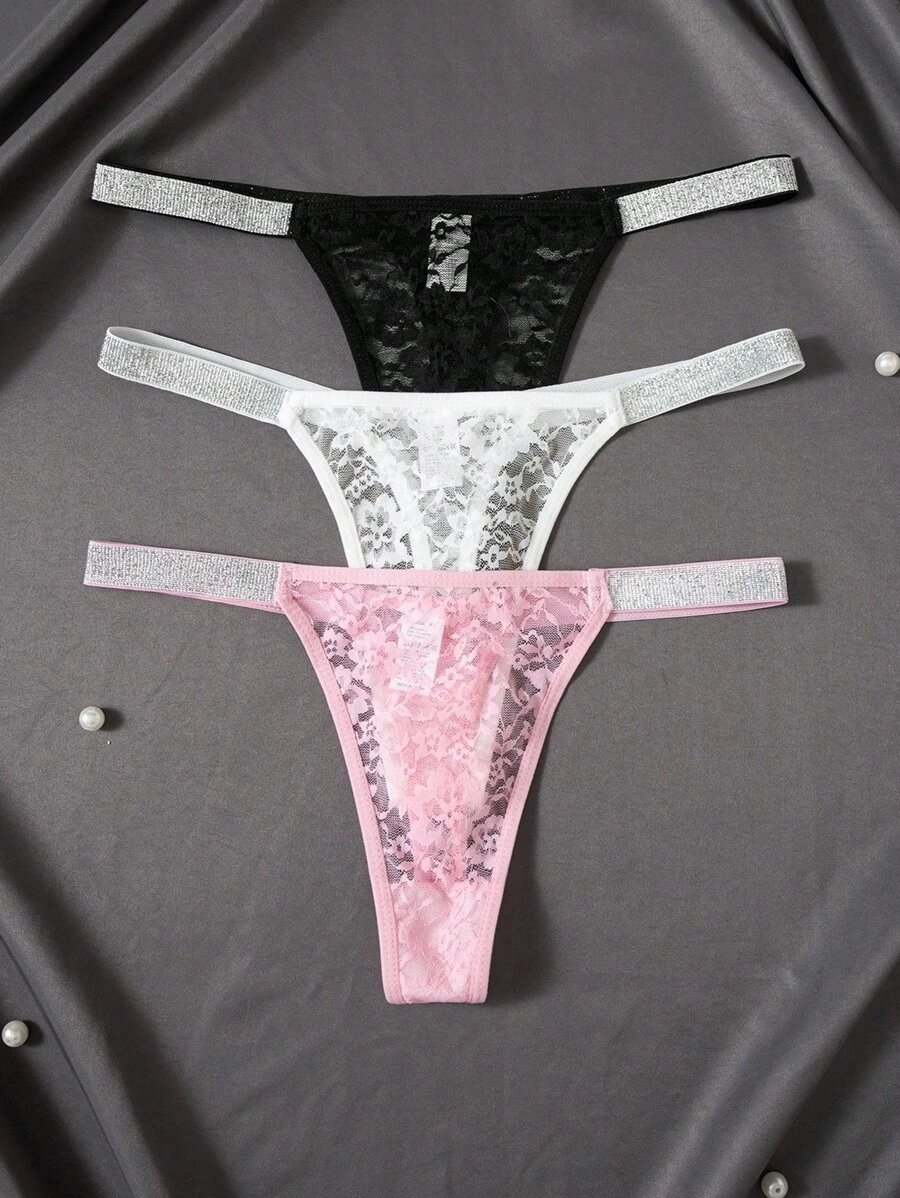 MidnightGlam 3件套女士性感蕾丝吊带透明内裤 - 彩色 - 查看 1