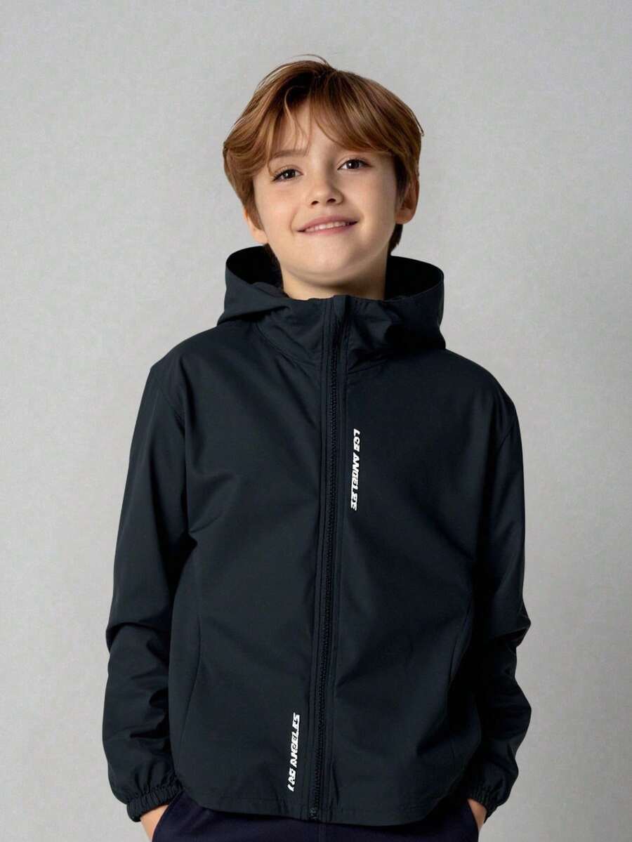 SHEIN Boys Casual Everyday Versatile Comfortable Letter Graphic Print Hoodie Jacket, Lightweight Loose Fit For Tweens Suitable For Birthday Parties, Evening Parties, Performances, Weddings, Baptisms, Opening Ceremonies Daily Suitable For Daily Use Suitable For School Suitable For Travel Suitable For Sports Suitable For Autumn And Winter Black Jacket Zipper Kids Kids Hooded Jacket Boys Zip Up Jacket Kids Zip Up Jacket Boys Black Jacket Fall - Black - View 1