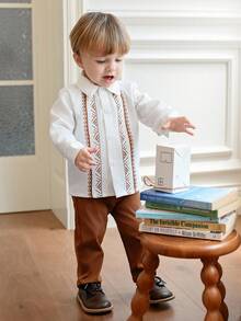 Souflis Souflis 2pcs Baby Boy Woven Waffle Collar Colorblock Print Long Sleeve Button Shirt & Straight Leg Casual Pants Set, Stylish For Spring/Autumn Everyday Wear Fall Winter - Multicolor - View 7
